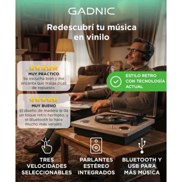 Tocadiscos Gadnic Madera Bluetooth Portátil 3 Velocidades FM USB Aux-In SD - Vista 2