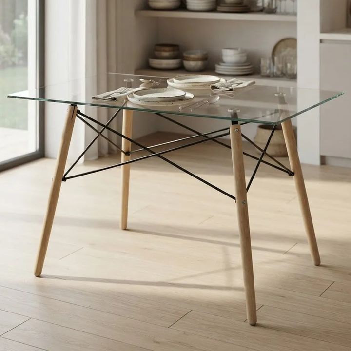 Mesa De Comedor Rectangular De Vidrio Pata Madera 120x80cm Vidrio Madera - Vista 1