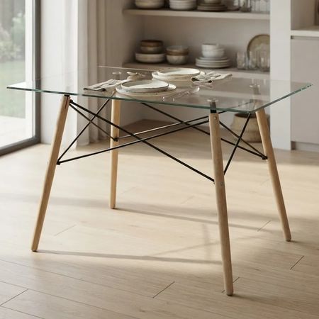 Mesa De Comedor Rectangular De Vidrio Pata Madera 120x80cm Vidrio Madera