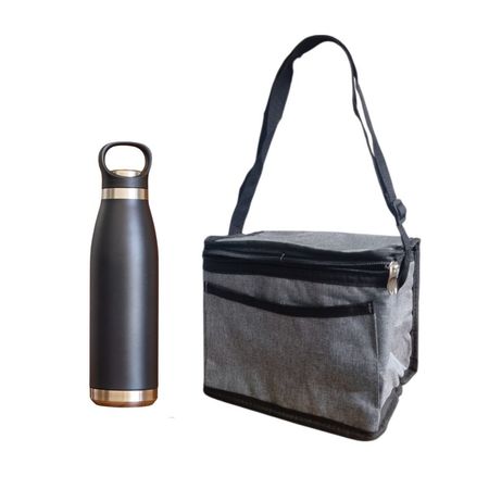 Set Vianda lunchera escolar conservadora gris + botella termica acero negra