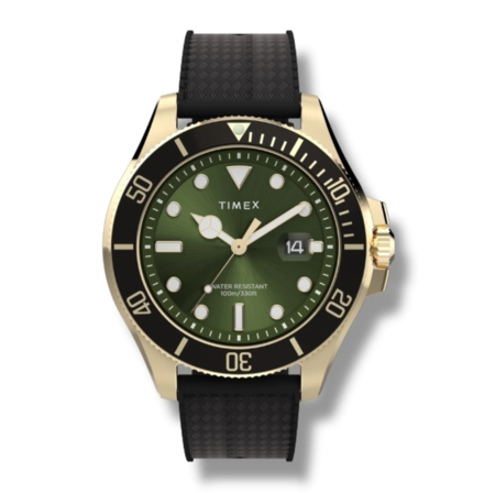 RELOJ ANALOGICO TIMEX  MALLA NEGRA, CAJA DORADA, FONDO VERDE, CALENDARIO (RTX0669) (TW2Y05300)