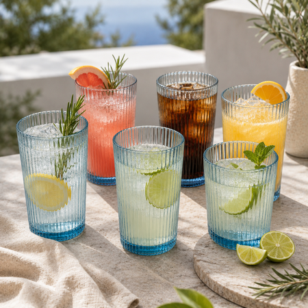 Set x6 Vasos Vidrio Altos Azules Labrados Tragos 400 ml Aston
