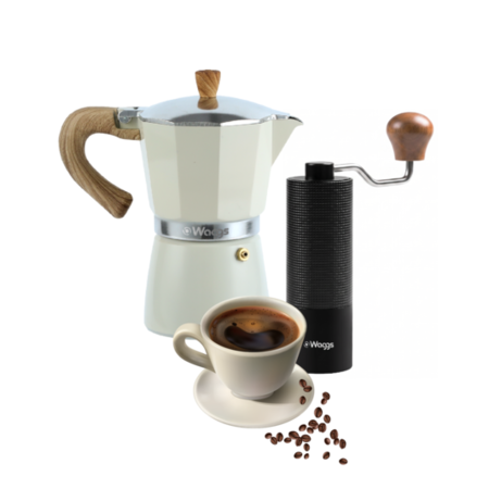 Set Cafetera Moka Italiana Y Molinillo Regulable Ainox Waggs Crema