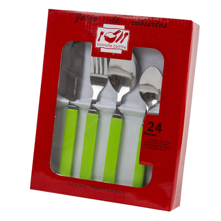 Set 24 Cubiertos Acero Inox Mango Rectangular Verde Lemon