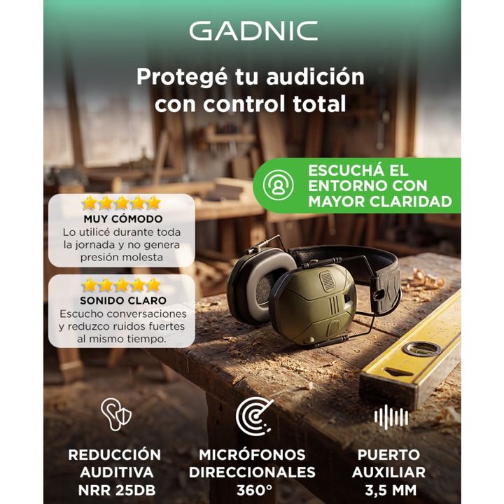 Protector Auditivo Electrónico Gadnic 25dB Puerto Auxiliar 3.5 mm 4 Micrófonos Apagado Automático Para Caza y Tiro - Vista 2