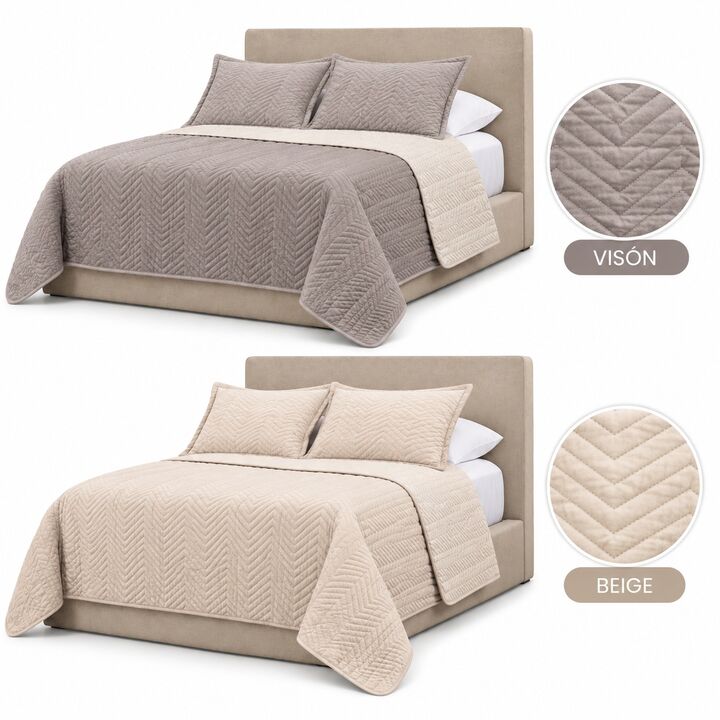 Cubrecama reversible queen con funda de almohada color gris claro/beige - Vista 3