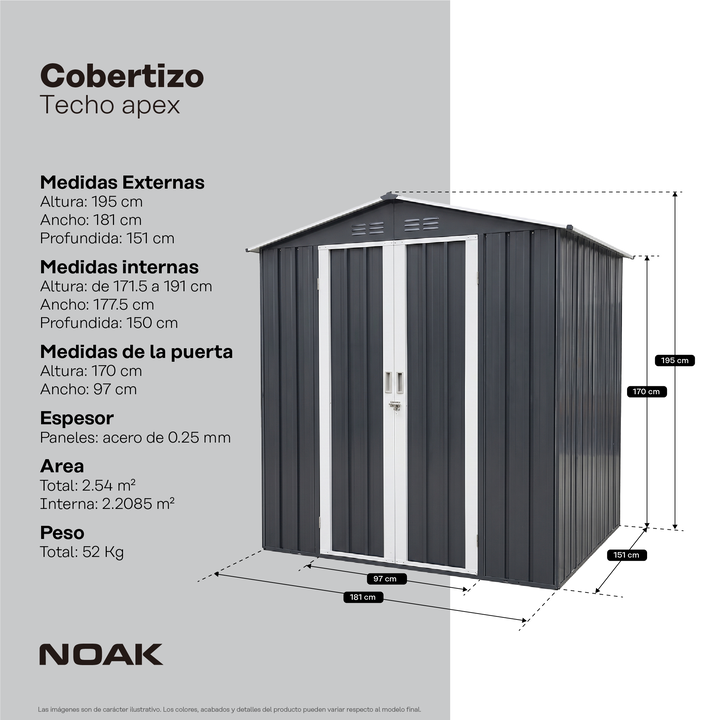 Cobertizo Depósito 181x195x151cm Noak Negro Acero Galvanizado - Vista 6