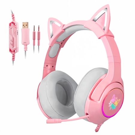 Auriculares Onikuma K9 Orejas Gato RGB Con Micrófono Rosa