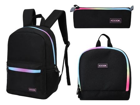 Mochila Escolar Kossok Musty + Lunchera + Cartuchera + Stick Negro/Neon