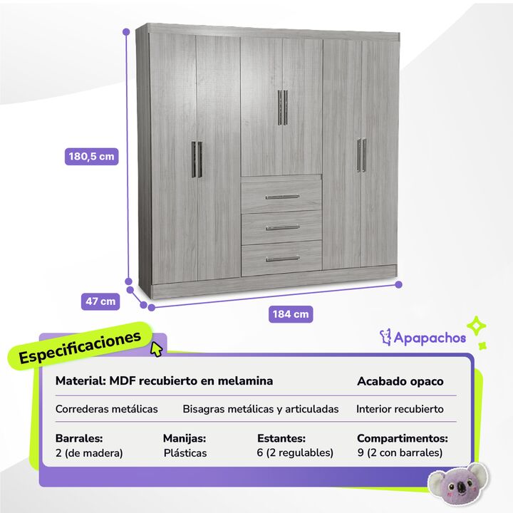 Placard Ropero de 6 Puertas 3 Cajones Reforzado Marfil Maximo Fortaleza - Vista 3