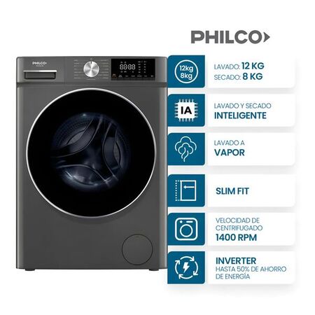 LAVASECARROPAS PHILCO PHLS128-2TN 12/8KG INVERTER GRIS OSCURO