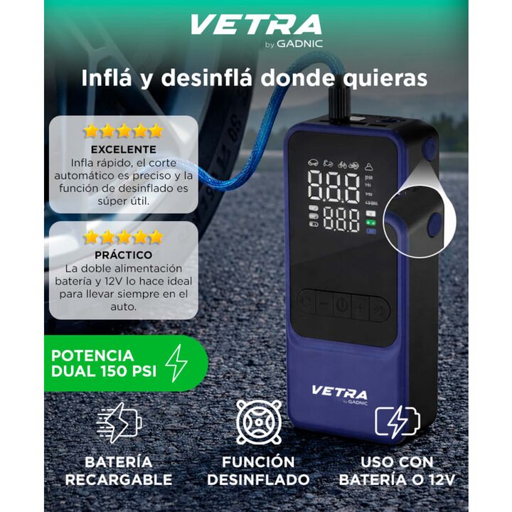 Inflador Portátil Vetra By Gadnic 150 PSI Digital Bateria Recargable Función Desinflado Linterna LED - Vista 2
