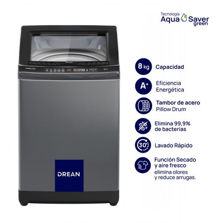 Lavarropas Carga Superior 8 Kg Gris Drean LPDR0865ILG