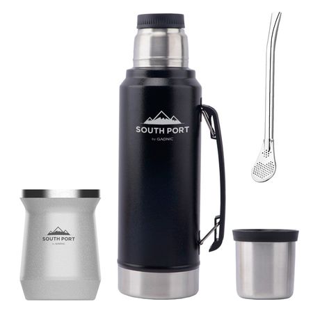 Kit de Termo Negro 1L, Mate Blanco y Bombilla South Port Acero Inoxidable