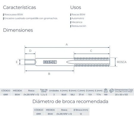 Juego de Machos SAE BSW Bremen 9/16 x 12 - 3 Piezas