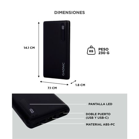 Cargador Portátil Gadnic BC-19 20000 mAh Carga Rápida USB C