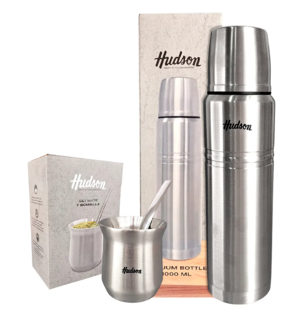 Set Hudson Acero: Mate Con Bombilla + Termo 1 Lts Acero Inox