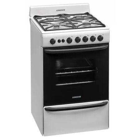 Cocina Blanca 56cm Reja Hierro Fundido Timer Luz y Encendido Longvie
