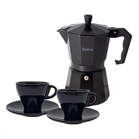 Set Cafetera Italiana + 2 Platos + 2 Pocillos Ceramica BLACK