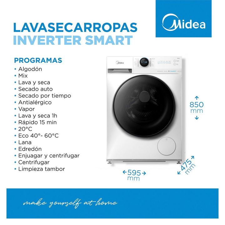 Lavasecarropas Automático Carga Frontal Inverter Midea 8Kg 6Kg 1400 RPM MF200D80WB/W - Vista 5