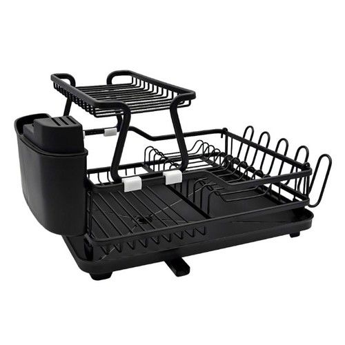 Secaplatos Carol de Aluminio 2 Niveles, Bandeja con Desagote, Cubiertero y Porta Cuchillas Plástico Negro - Vista 1