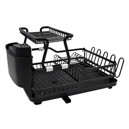 Secaplatos Carol de Aluminio 2 Niveles, Bandeja con Desagote, Cubiertero y Porta Cuchillas Plástico Negro