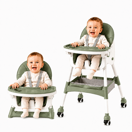 Silla de Comer Plegable y Regulable con ruedas Verde Oliva