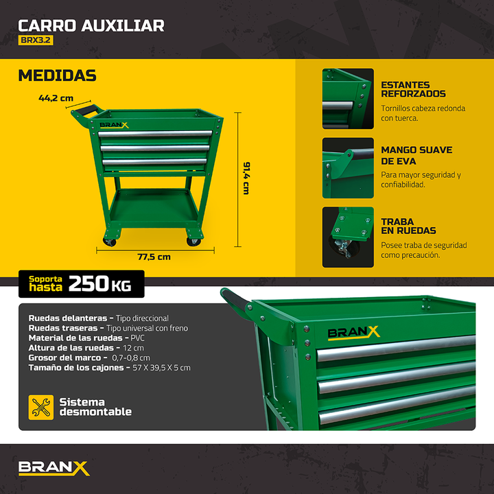 Mesa Carro Porta Herramientas Ruedas Taller Branx Brx3.2 - Vista 3