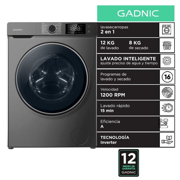 Lavasecarropas Gadnic 12Kg Lavado 8Kg Secado 1200RPM Inverter Automatico Frontal 1800W - Vista 1
