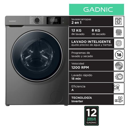 Lavasecarropas Gadnic 12Kg Lavado 8Kg Secado 1200RPM Inverter Automatico Frontal 1800W