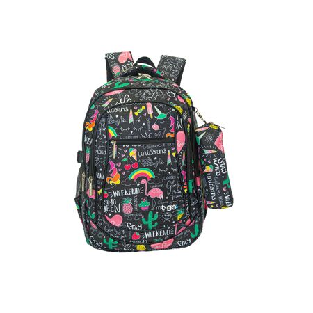 Mochila Negra Escolar Con Cartuchera Nena Niña T-Go Multiples Bolsillos Reforzada Dream Girl EB44