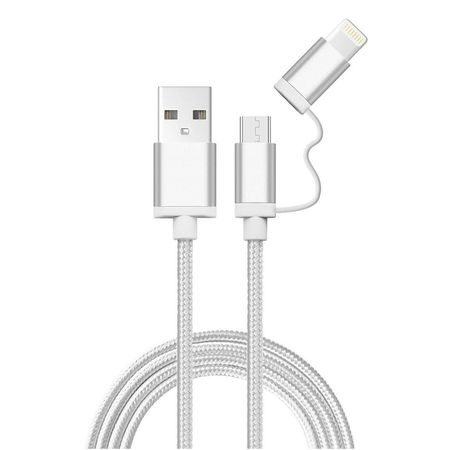 Cable Usb 2 En 1 Samsung Iphone Micro Usb Lightning Mallado - Plateado