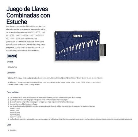 Juego de Llaves Combinadas Bremen 13 Piezas 7mm a 19mm con Estuche