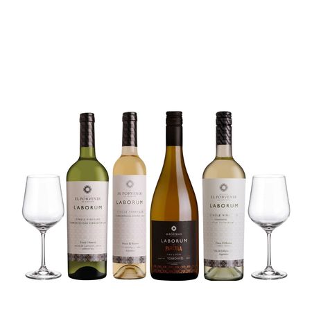 Set Vinos Blancos Degustacion Laborum Torrontes Seleccion x 4 y 2 Copas Con Estuche