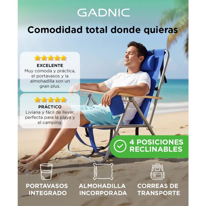 Reposera Plegable Gadnic 4 Posiciones Porta Botellas Portátil - Vista 2