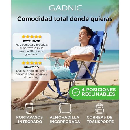 Reposera Plegable Gadnic 4 Posiciones Porta Botellas Portátil