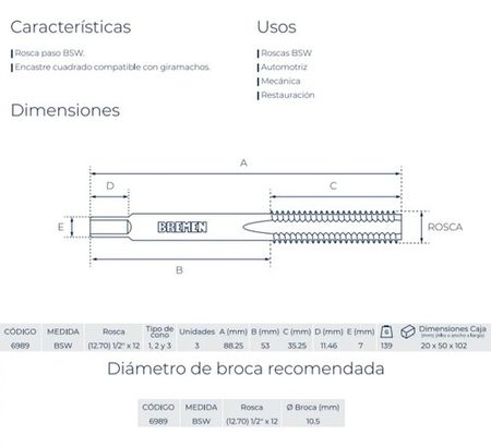 Juego de Machos SAE BSW Bremen 1/2 x 12 - 3 Piezas