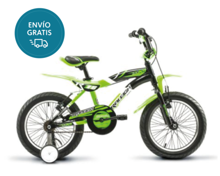 Bicicleta Raleigh MXR16 / Negro/Verde / Frenos V-Brake / 1Vel. / Cuadro de aluminio / Rodado 16"