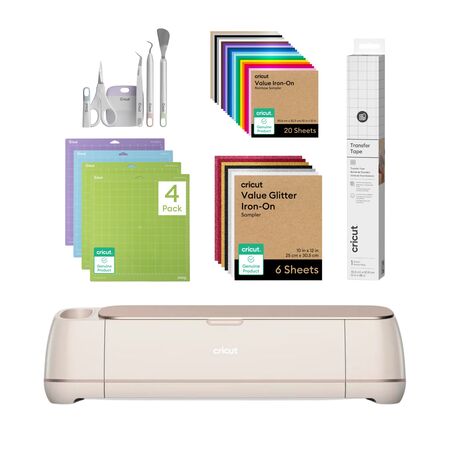 Cricut Maker 4 Rosa Marfil, Tapete 12x12 Variety Pack x4, Kit 5 Herramientas Basicas, Vinilo IronOn Glitter x6 hojas, Vinilo IronOn Rainbow x 20hojas, Cinta de transferencia 1,2m