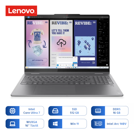 Notebook Lenovo Yoga 7i 16ill10 2-in-1 Core Ultra 7 256v 512gb Ssd 16gb 16 Pulg Tactil Gris