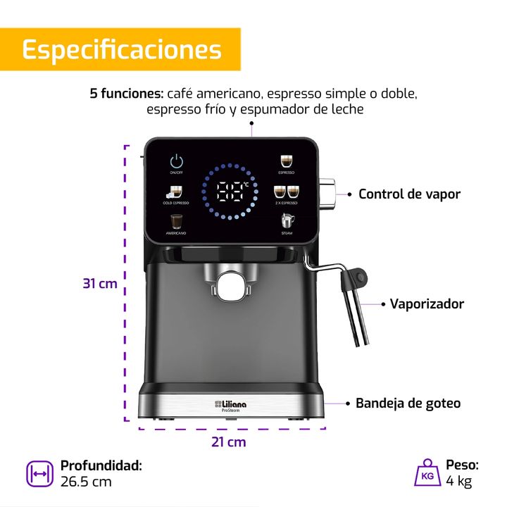Cafetera Express Liliana ProSteam 20 Bares Digital 1350W - Vista 4