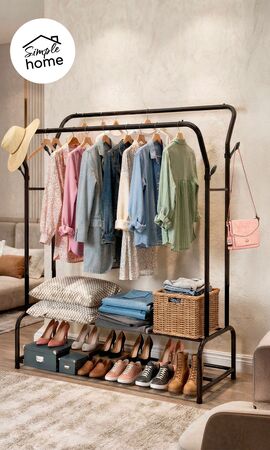 Perchero de acero Vestidor De Pie con Doble Barral + Estantes con Base Para Calzado