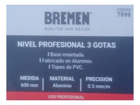 Nivel Magnético Bremen Aluminio 3 Gotas 60 Centimetros