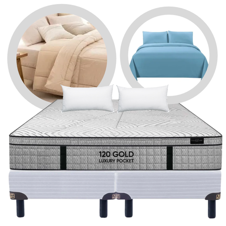 Colchón + Sommier Resortes King Koil Luxury Pocket King 180x200x30 + Almohadas + Sabana + Acolchado