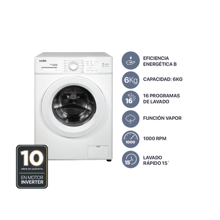 Lavarropas Automático Carga Frontal 6 kg 1000 RPM A Inverter Steam Blanco Codini - AIAFE6010B