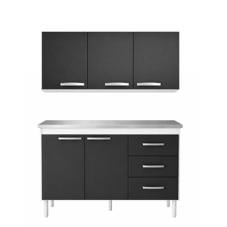 Alacena + Bajo Mesada 140cm Melamina Reforzada Grafito Blanco Maximo Acapulco