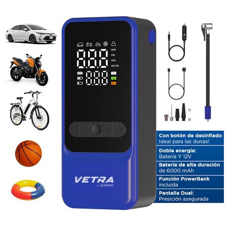 Inflador Portátil Vetra By Gadnic 150 PSI Digital Bateria Recargable Función Desinflado Linterna LED
