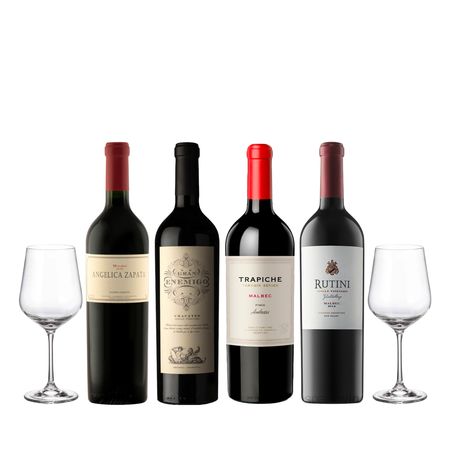 Set Vinos Tintos Premiados Seleccion x 4 y 2 Copas de Cristal