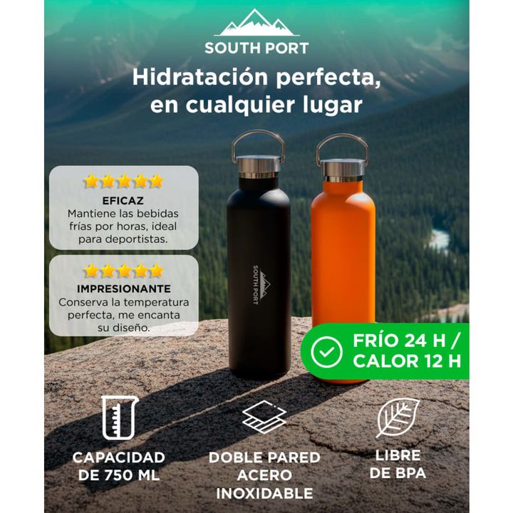 Botella Naranja South Port Térmica Deportiva 750ml Acero Inoxidable - Vista 2