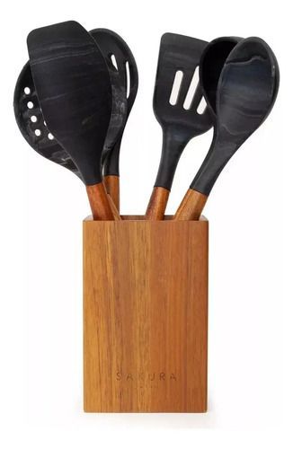 Set Utensilios Sakura 7 Piezas Phuket De Acacia Y Silicona Negro - Vista 2